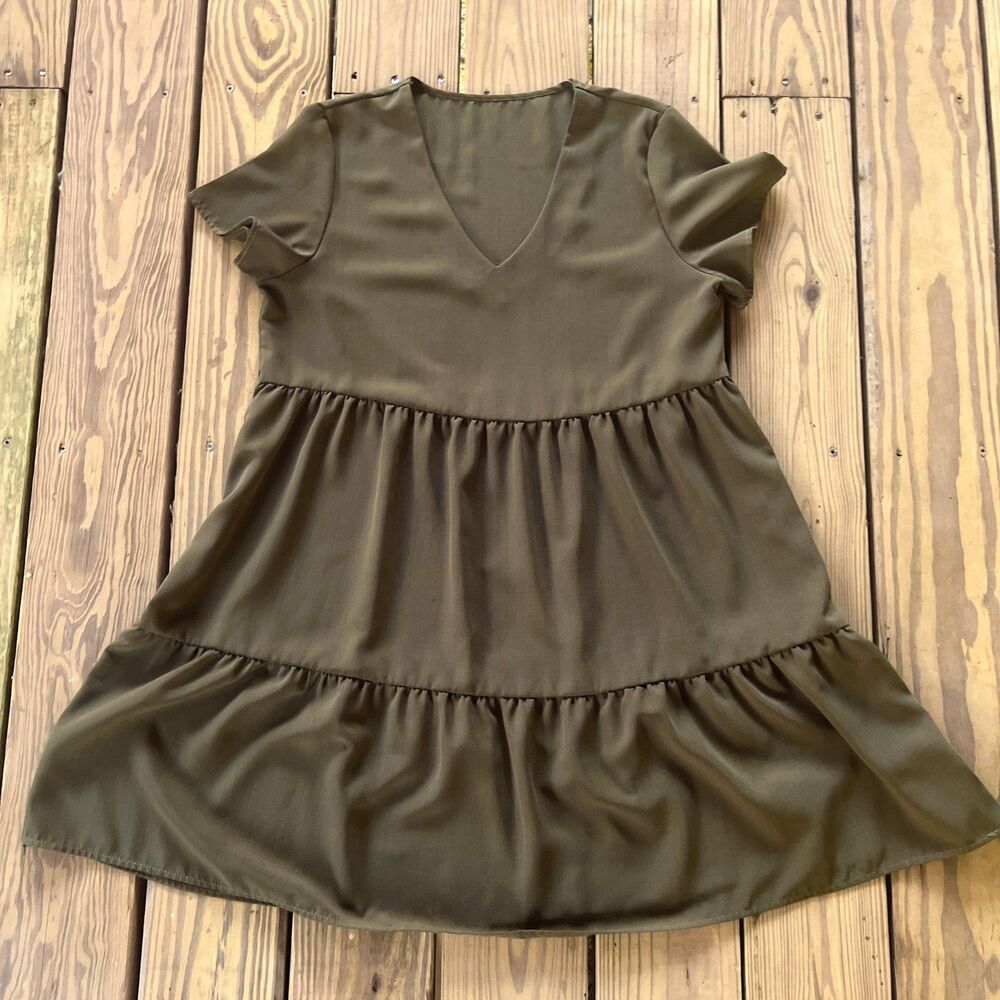 Shein Vcay Solid Ruffle Hem Smock Dress - V Neck - Army Green - Women's Size Lg